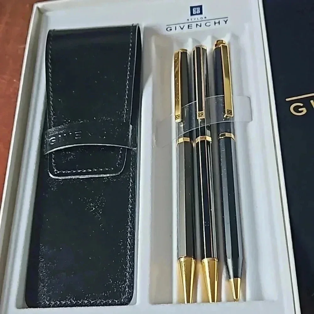 Givenchy Black Ballpoint Pens and Pencil set with Case & Original Box